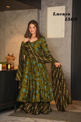 Lucaya Vol 15 by Pure Maslin showcases a stunning flared kurti, palazzo, and dupatta set that exudes elegance and style. This ensemble is crafted from readymade suit catalogs