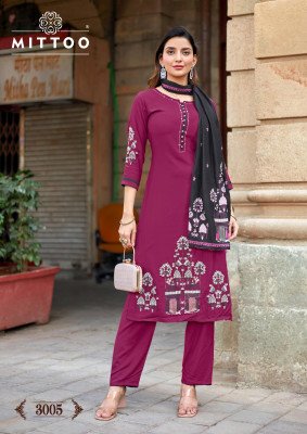 MITTOO Kalamay  Heavy Rayon Handwork Suit and Muslin Dupatta readymade suit catalogs