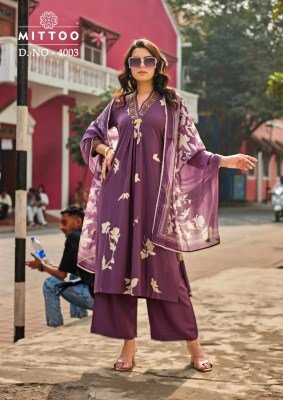 MITTOO Razia Rayon Print Handwork and Thread Work 3-Piece Suit Set kurti pant with dupatta Catalogs