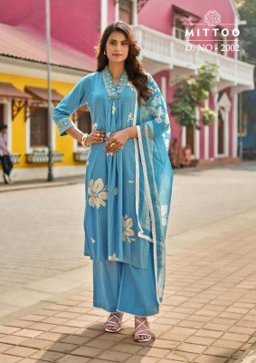 MITTOO Razia Rayon Print Handwork and Thread Work 3-Piece Suit Set kurti pant with dupatta Catalogs