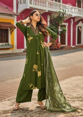 MITTOO Razia Rayon Print Handwork and Thread Work 3-Piece Suit Set kurti pant with dupatta Catalogs