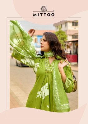 MITTOO Razia Rayon Print Handwork and Thread Work 3-Piece Suit Set kurti pant with dupatta Catalogs
