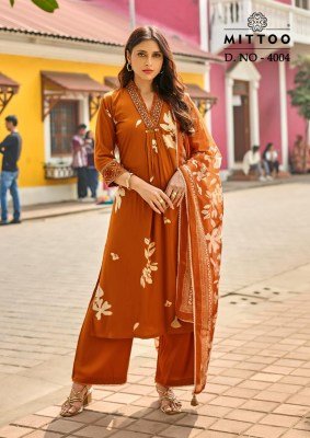 MITTOO Razia Rayon Print Handwork and Thread Work 3-Piece Suit Set kurti pant with dupatta Catalogs