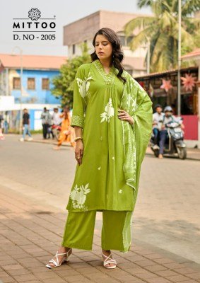 MITTOO Razia Rayon Print Handwork and Thread Work 3-Piece Suit Set kurti pant with dupatta Catalogs
