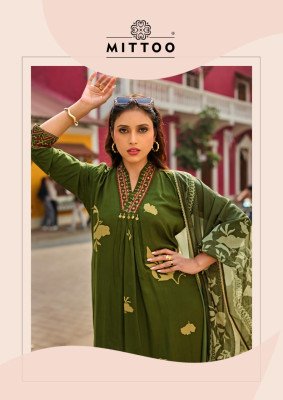 MITTOO Razia Rayon Print Handwork and Thread Work 3-Piece Suit Set kurti pant with dupatta Catalogs