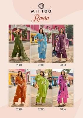 MITTOO Razia Rayon Print Handwork and Thread Work 3-Piece Suit Set kurti pant with dupatta Catalogs