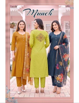 MUNCH D.N. 1001-1008 Heavy Roman Silk Kali Ghara Kurti Pant Dupatta Set 
