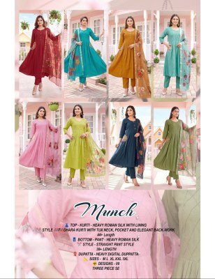 MUNCH D.N. 1001-1008 Heavy Roman Silk Kali Ghara Kurti Pant Dupatta Set kurti pant with dupatta Catalogs