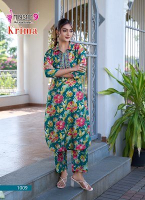 MYSTIC 9 KRIMA VOL  1  PREMIUM QUALITY VERTICAN FOIL PLAZOO PRINT PANT WITH INTERLOCK Kurta CORD SET WHOLESALE RATE   co ord set catalogs