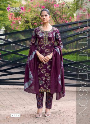 MYSTIC 9 REVATI 1 Black Rayon Foil Print Straight Cut 3-Piece Suit Set kurti pant with dupatta Catalogs
