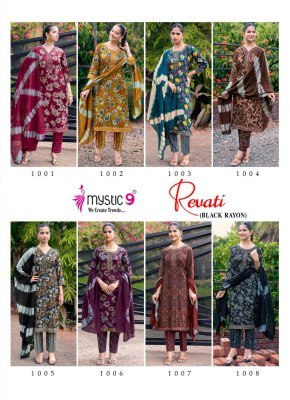 MYSTIC 9 REVATI 1 Black Rayon Foil Print Straight Cut 3-Piece Suit Set kurti pant with dupatta Catalogs