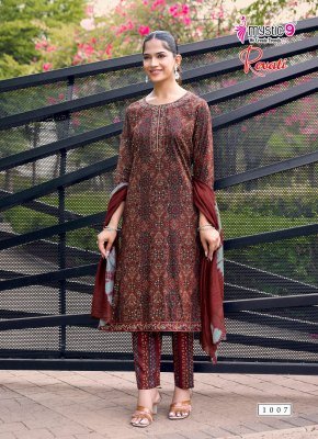 MYSTIC 9 REVATI 1 Black Rayon Foil Print Straight Cut 3-Piece Suit Set kurti pant with dupatta Catalogs