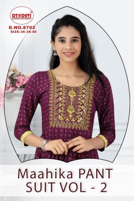 Maahika Pant Suit vol 2 Presented Reyon printed Flared Kurti Pant and Dupatta collection Amavi