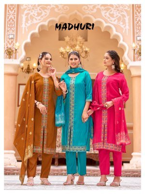 Madhuri Mul Chanderi Embroidered Kurti Palazzo with Pure Viscose Jacquard Dupatta 