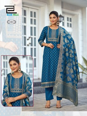 Madhuri by Blue hills 14 kg Foil printed neck embroidered readymade suit in budget range  readymade suit catalogs