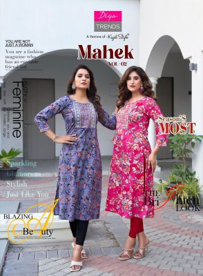 Mahek vol 2 by Diya Trends Heavy Reyon embroidered Kurti set only on amavi expo kurtis catalogs