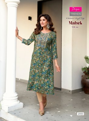 Mahek vol 2 by Diya Trends Heavy Reyon embroidered Kurti set only on amavi expo kurtis catalogs