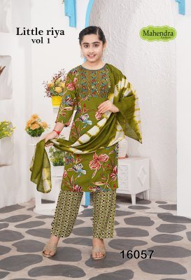 Mahendra Fashion Little Riya Vol-1 Straight Cut Rayon Foil Print Kurti Pant with Chanderi Dupatta Set readymade suit catalogs