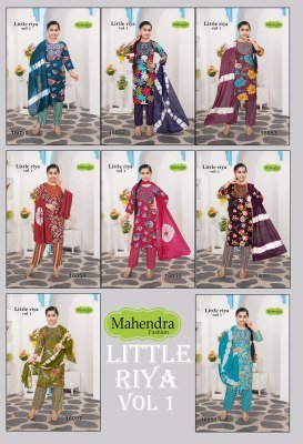 Mahendra Fashion Little Riya Vol-1 Straight Cut Rayon Foil Print Kurti Pant with Chanderi Dupatta Set readymade suit catalogs
