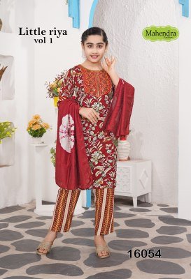 Mahendra Fashion Little Riya Vol-1 Straight Cut Rayon Foil Print Kurti Pant with Chanderi Dupatta Set readymade suit catalogs