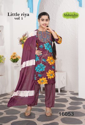 Mahendra Fashion Little Riya Vol-1 Straight Cut Rayon Foil Print Kurti Pant with Chanderi Dupatta Set readymade suit catalogs