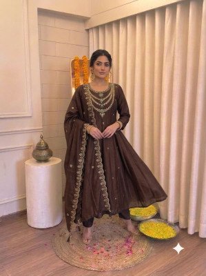 Mal Chanderi A-Line 3-Piece Suit with Full Hand Work Size wise Combo Set