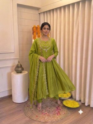 Mal Chanderi A-Line 3-Piece Suit with Full Hand Work Size wise Combo Set