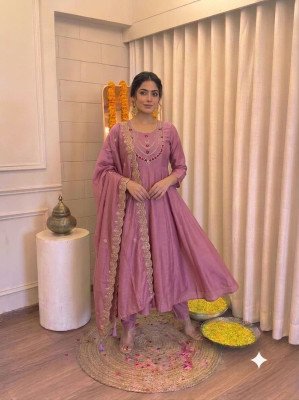 Mal Chanderi A-Line 3-Piece Suit with Full Hand Work Size wise Combo Set