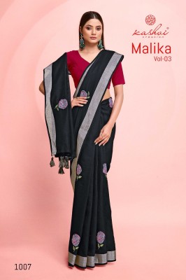 Malika vol 03 by Kashvi creation pure linen embroidered saree  catalogue at affordable rate 