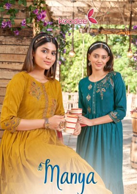 Manya by Akshar Textile Heavy reyon Fancy nayra cut kurti pant and dupatta catalogue at affordable rate Amavi
