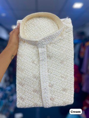 Manyavar Chikankari Rayon Schiffli Work Men s Kurta Pajama Set mens kurta