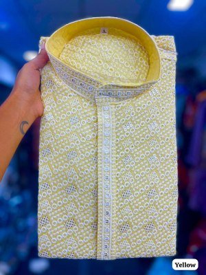 Manyavar Chikankari Rayon Schiffli Work Men s Kurta Pajama Set mens kurta