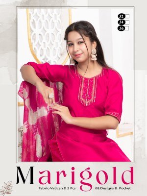 Marigold Kids 3 Piece Kurti Pant Dupatta Set Vertican Plain with Sequence Embroidery Work wholesale catalogs