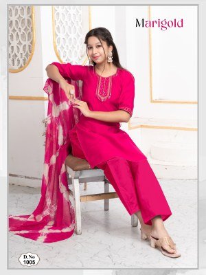 Marigold Kids 3 Piece Kurti Pant Dupatta Set Vertican Plain with Sequence Embroidery Work kurti pant with dupatta Catalogs