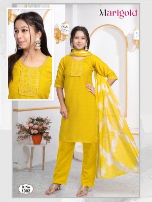 Marigold Kids 3 Piece Kurti Pant Dupatta Set Vertican Plain with Sequence Embroidery Work kurti pant with dupatta Catalogs