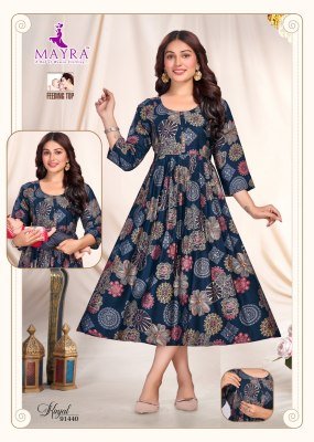Mayra Kinjal Pure Vertican Print Umbrella Ghera Feeding Kurti with Full Interlock Wholesale kurtis catalogs