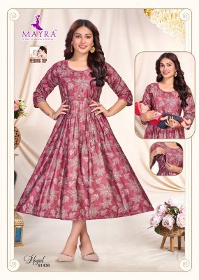 Mayra Kinjal Pure Vertican Print Umbrella Ghera Feeding Kurti with Full Interlock Wholesale kurtis catalogs