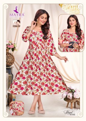 Mayra Kinjal Pure Vertican Print Umbrella Ghera Feeding Kurti with Full Interlock Wholesale kurtis catalogs