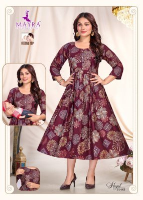 Mayra Kinjal Pure Vertican Print Umbrella Ghera Feeding Kurti with Full Interlock Wholesale kurtis catalogs