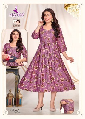 Mayra Kinjal Pure Vertican Print Umbrella Ghera Feeding Kurti with Full Interlock Wholesale kurtis catalogs