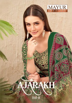 Mayur Ajarakh Vol 8 Pure Cotton Printed Kurti Pant Dupatta Set with Embroidered Neck Patch Wholesale kurtis catalogs