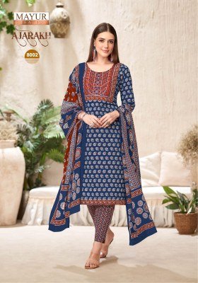 Mayur Ajarakh Vol 8 Pure Cotton Printed Kurti Pant Dupatta Set with Embroidered Neck Patch Wholesale kurtis catalogs