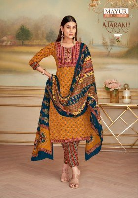 Mayur Creation Ajarakh Vol 9 Pure Cotton Printed Kurti with Neck Embroidery Pant Set Wholesale kurtis catalogs