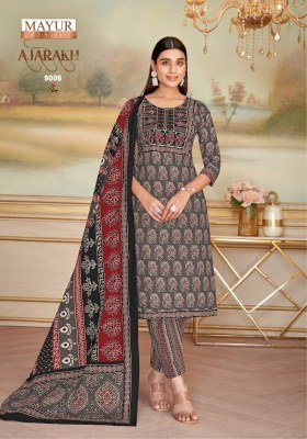 Mayur Creation Ajarakh Vol 9 Pure Cotton Printed Kurti with Neck Embroidery Pant Set Wholesale kurtis catalogs