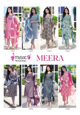 Meera vol 1 by Mystic 9 Reyon capsual printed Kurti pant and dupatta set at low rate kurti pant with dupatta Catalogs