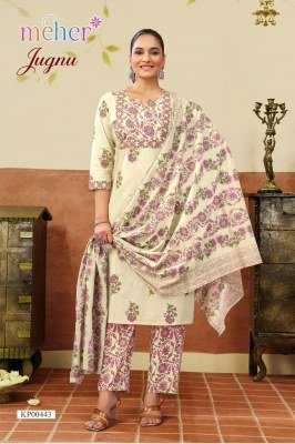Meher Jugnu Cambric Floral Printed Three-Piece Set readymade suit catalogs
