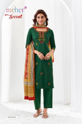 Meher Seerat Dabu Embroidered Three Piece Cotton Suit Set with Pure Mul Dupatta readymade suit catalogs