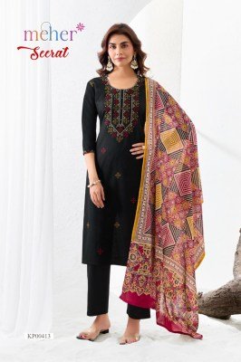 Meher Seerat Dabu Embroidered Three Piece Cotton Suit Set with Pure Mul Dupatta readymade suit catalogs