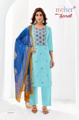 Meher Seerat Dabu Embroidered Three Piece Cotton Suit Set with Pure Mul Dupatta readymade suit catalogs
