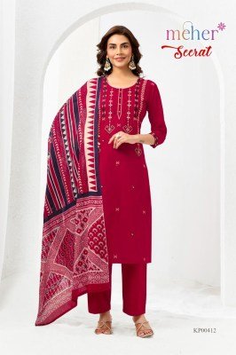 Meher Seerat Dabu Embroidered Three Piece Cotton Suit Set with Pure Mul Dupatta readymade suit catalogs